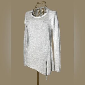Carbon2Cobalt Tan Gray Cotton Sweater w/ Collar Cutouts & Asymmetrical Hem, S